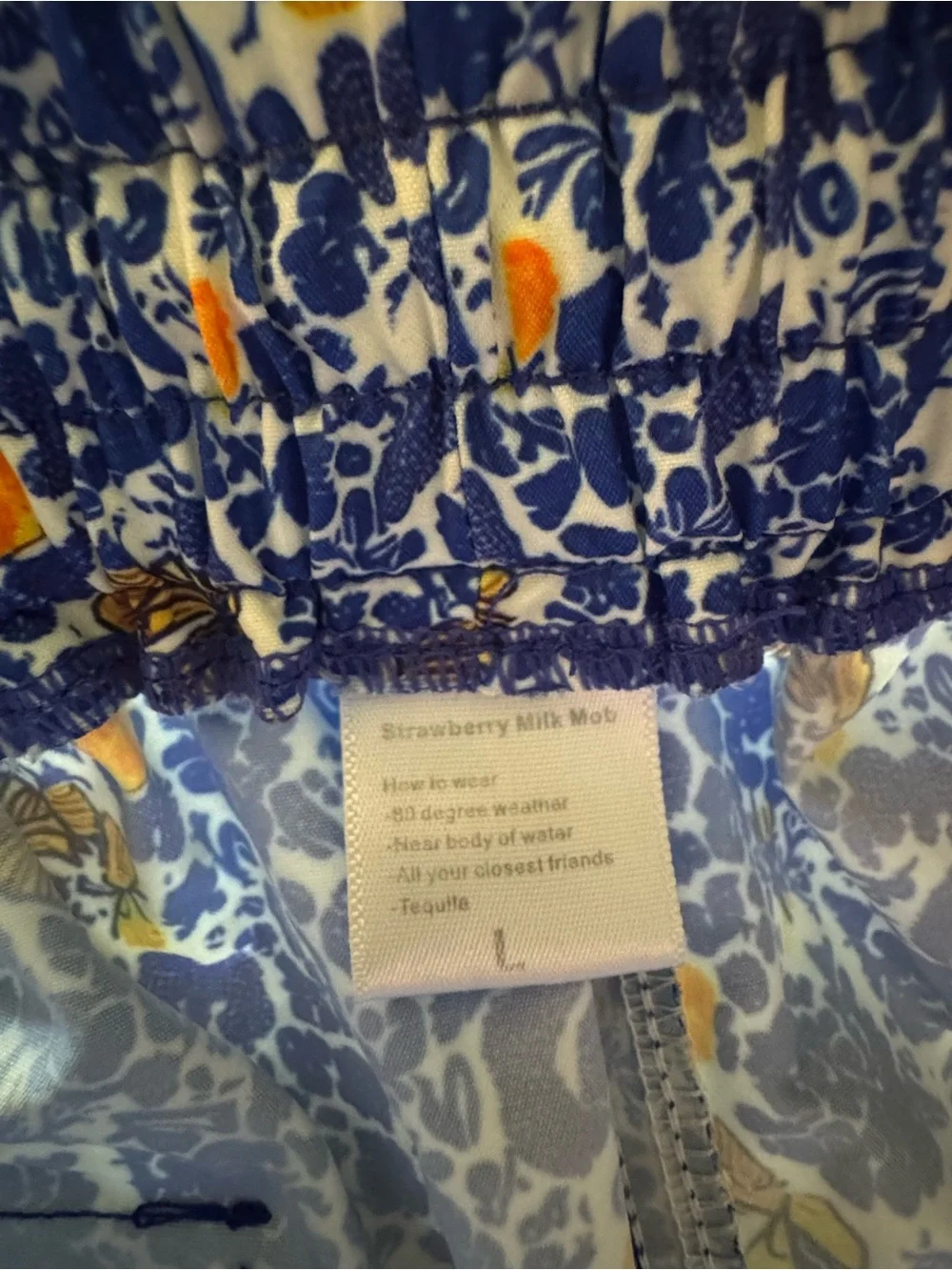 Strawberry Milk Mob Blue Swim Shorts with Yellow Drawstring